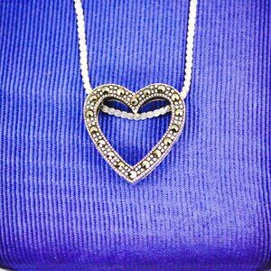 925 Sterling Silver Marcasite Open Heart Retro Pendant Necklace Signed SLC